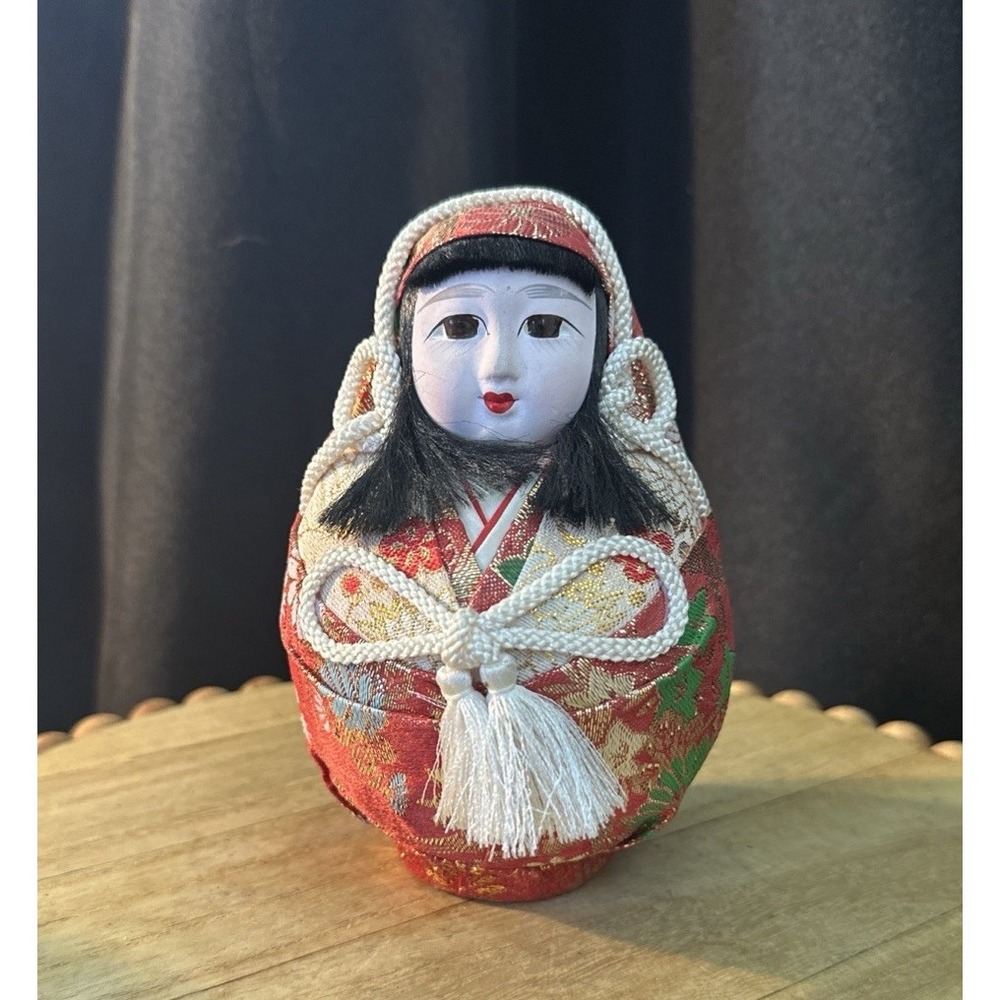 Vintage Japanese Kimekomi Matsuyama Hime Daruma Doll Kimono Dress Tassel Detail
